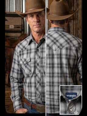 Vtg Wrangler Western Shirt Mens Xl Grey Plaid Long Sleeve